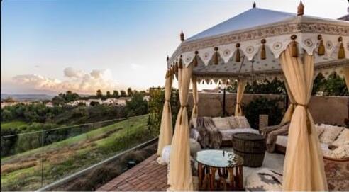 boho tent in backyard