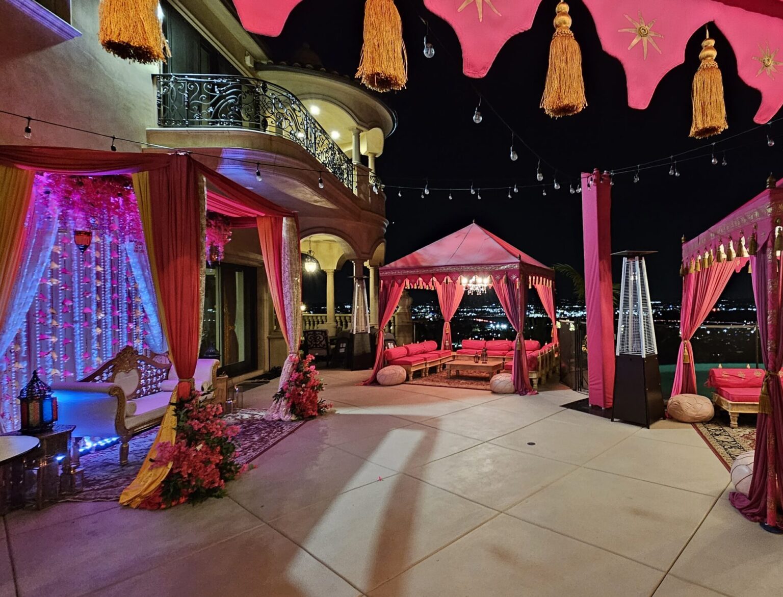 Vibrant Indian Bollywood tent with rich colors and traditional patterns, ideal for South Asian wedding scenes or cultural film settings